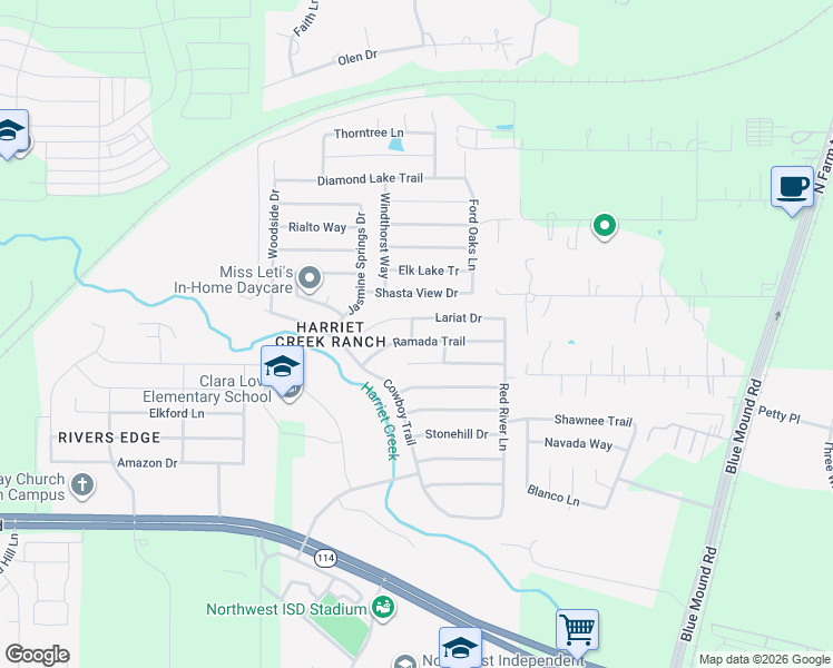 map of restaurants, bars, coffee shops, grocery stores, and more near 1901 Ramada Trail in Justin