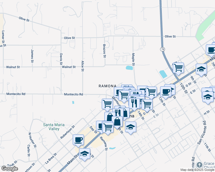 map of restaurants, bars, coffee shops, grocery stores, and more near in Ramona