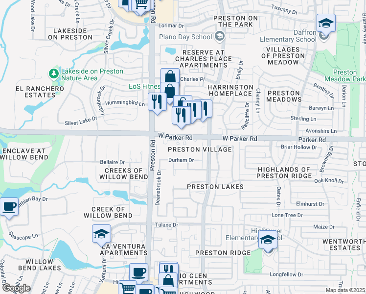 map of restaurants, bars, coffee shops, grocery stores, and more near 4800 West Parker Road in Plano