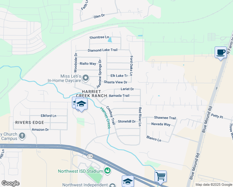 map of restaurants, bars, coffee shops, grocery stores, and more near 1905 Ramada Trail in Justin