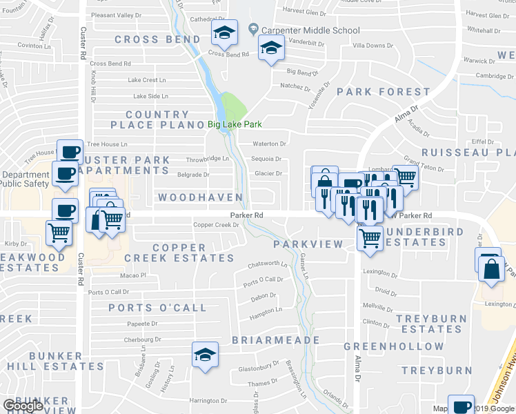 map of restaurants, bars, coffee shops, grocery stores, and more near 1404 Wind Cave Circle in Plano