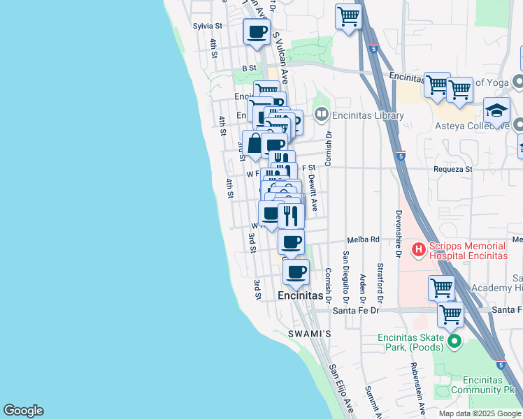map of restaurants, bars, coffee shops, grocery stores, and more near 153 West G Street in Encinitas