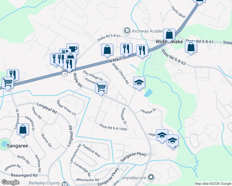 map of restaurants, bars, coffee shops, grocery stores, and more near 2178 Poinsettia Avenue in Summerville