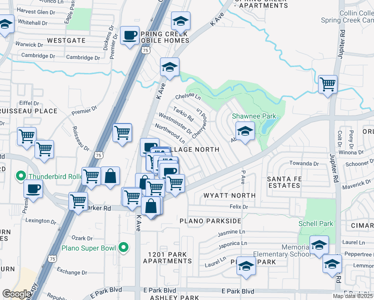 map of restaurants, bars, coffee shops, grocery stores, and more near 3361 Westminster Drive in Plano