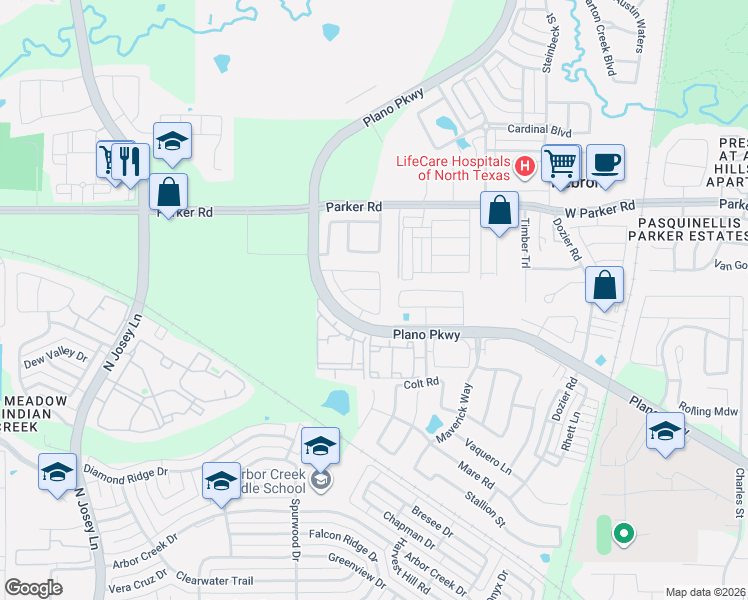 map of restaurants, bars, coffee shops, grocery stores, and more near 2133 Ella Lane in Carrollton