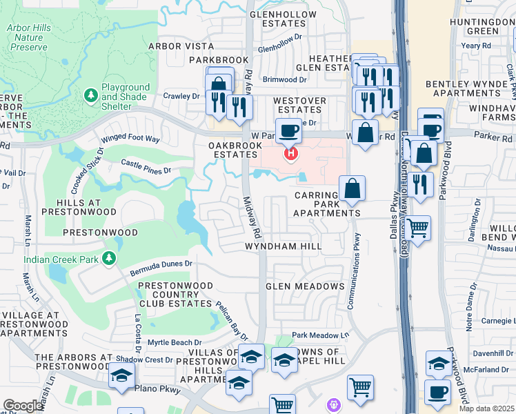map of restaurants, bars, coffee shops, grocery stores, and more near 3000 Midway Road in Plano