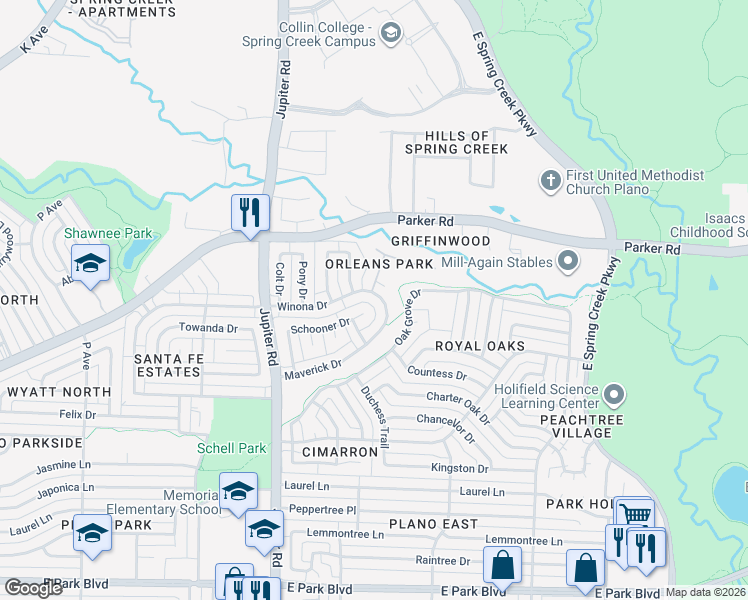 map of restaurants, bars, coffee shops, grocery stores, and more near 3229 Maverick Drive in Plano