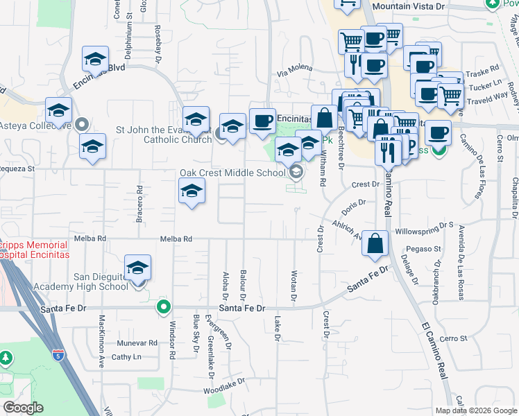 map of restaurants, bars, coffee shops, grocery stores, and more near 1140 Island View Lane in Encinitas