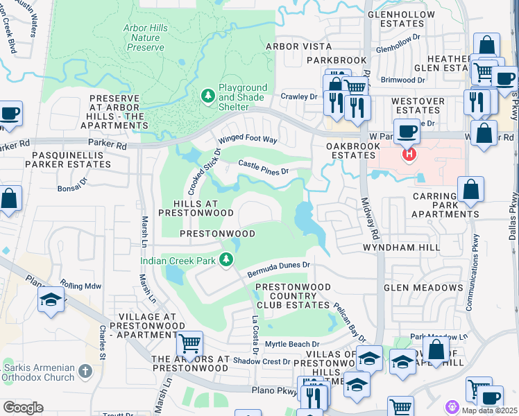 map of restaurants, bars, coffee shops, grocery stores, and more near 3033 Greenhill Drive in Plano