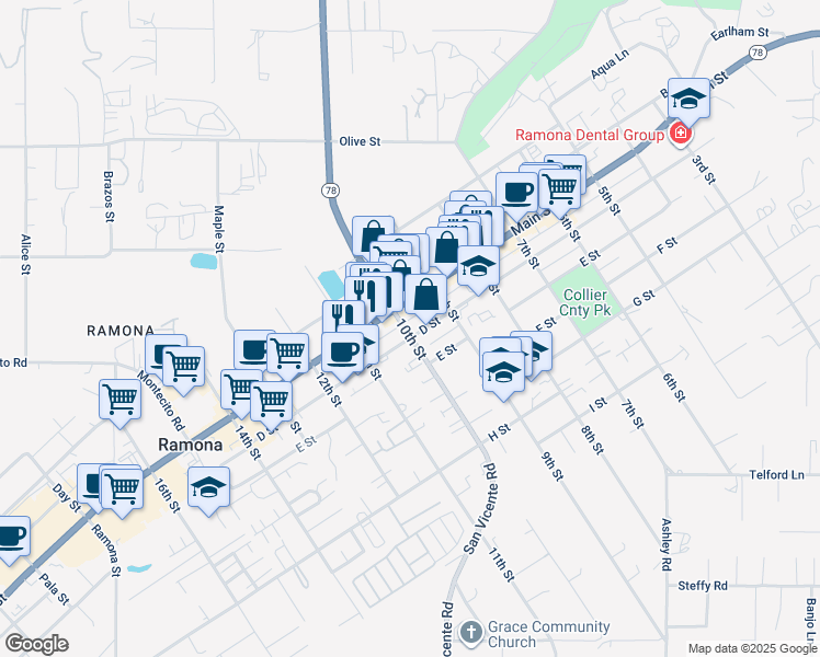 map of restaurants, bars, coffee shops, grocery stores, and more near 947 D Street in Ramona