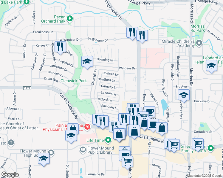 map of restaurants, bars, coffee shops, grocery stores, and more near 2817 Carnaby Lane in Flower Mound