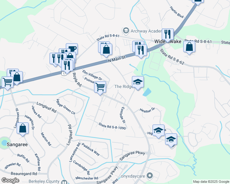 map of restaurants, bars, coffee shops, grocery stores, and more near 2178 Poinsettia Avenue in Summerville
