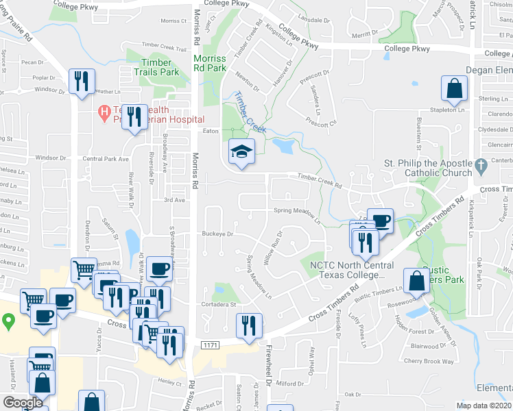 map of restaurants, bars, coffee shops, grocery stores, and more near 1908 Pin Oak Drive in Flower Mound