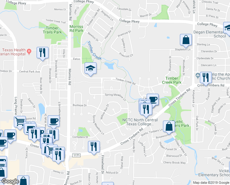 map of restaurants, bars, coffee shops, grocery stores, and more near 4204 Spring Meadow Lane in Flower Mound