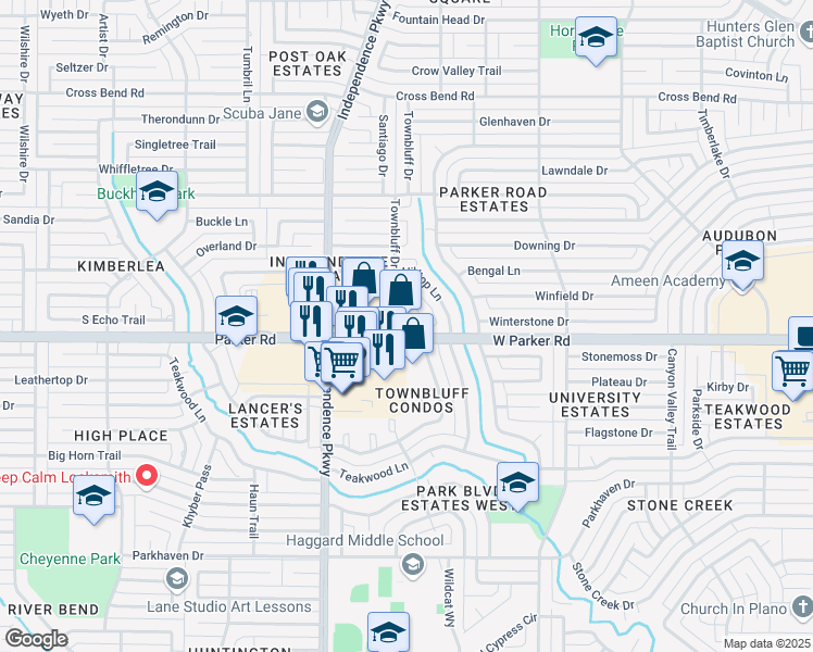 map of restaurants, bars, coffee shops, grocery stores, and more near 3420 Townbluff Place in Plano