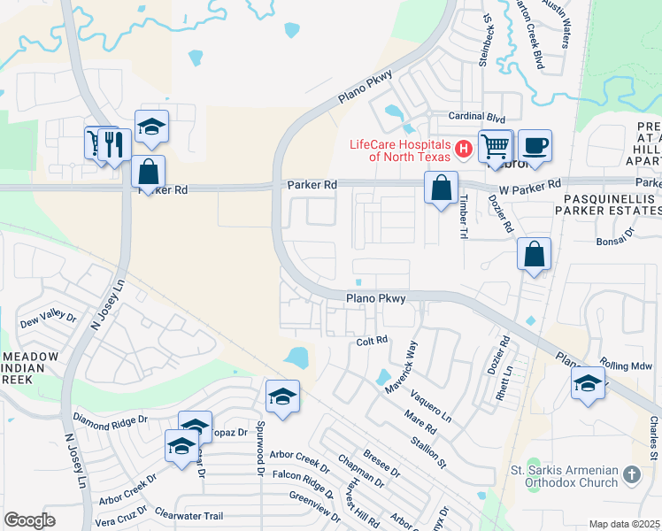 map of restaurants, bars, coffee shops, grocery stores, and more near 2133 Ella Lane in Carrollton
