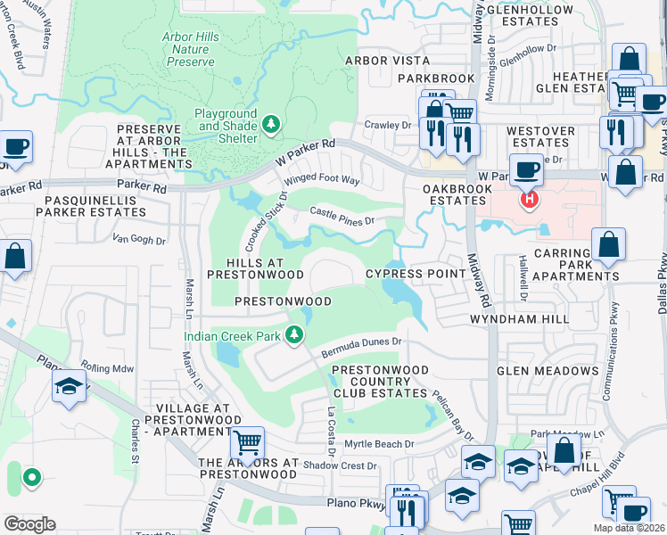 map of restaurants, bars, coffee shops, grocery stores, and more near 3033 Greenhill Drive in Plano