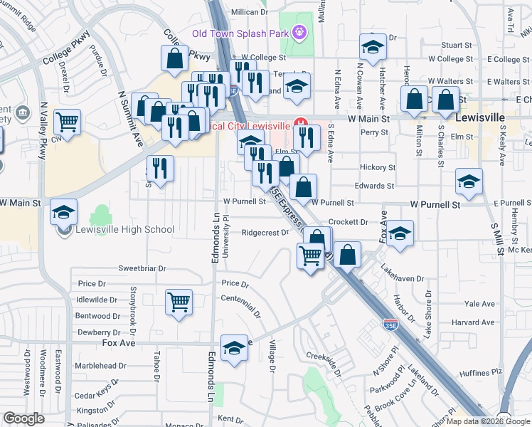 map of restaurants, bars, coffee shops, grocery stores, and more near 606 West Purnell Street in Lewisville