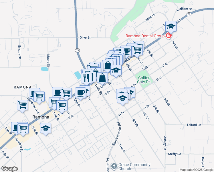 map of restaurants, bars, coffee shops, grocery stores, and more near 901 D Street in Ramona