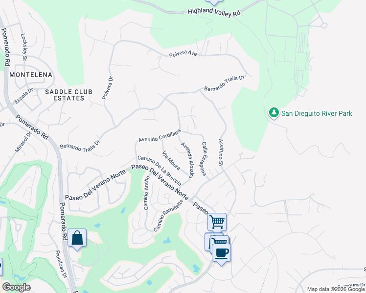 map of restaurants, bars, coffee shops, grocery stores, and more near 18035 Avenida Alozdra in San Diego