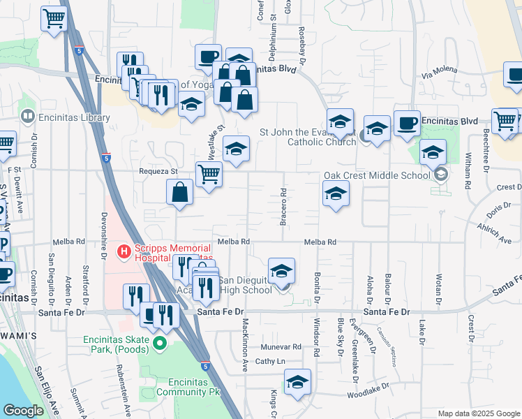 map of restaurants, bars, coffee shops, grocery stores, and more near 826 Bracero Road in Encinitas