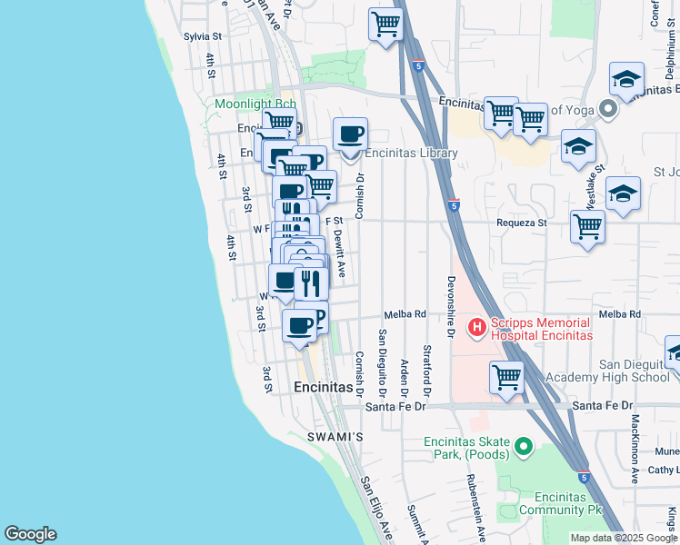 map of restaurants, bars, coffee shops, grocery stores, and more near 811 Dewitt Avenue in Encinitas