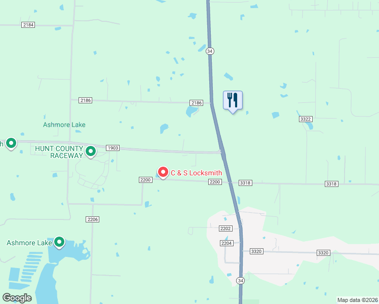 map of restaurants, bars, coffee shops, grocery stores, and more near 166 Farm to Market Road 1903 in Greenville