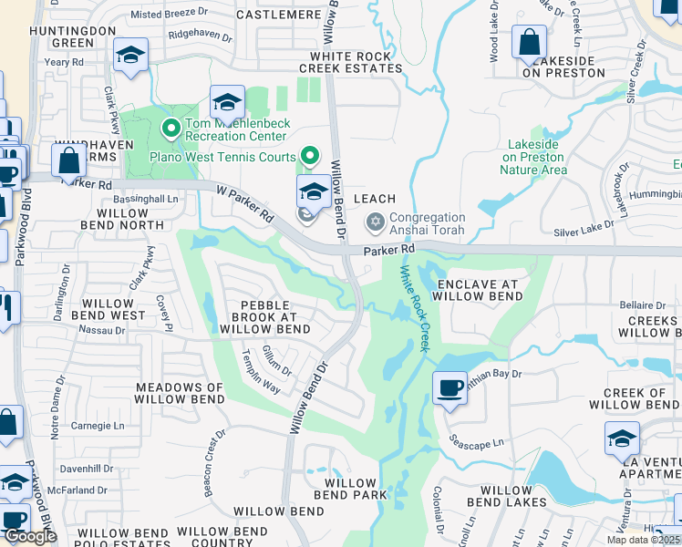 map of restaurants, bars, coffee shops, grocery stores, and more near 5517 Gleneagles Drive in Plano