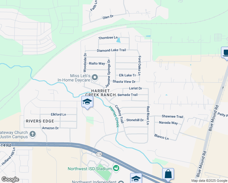 map of restaurants, bars, coffee shops, grocery stores, and more near 1841 Lariat Drive in Justin