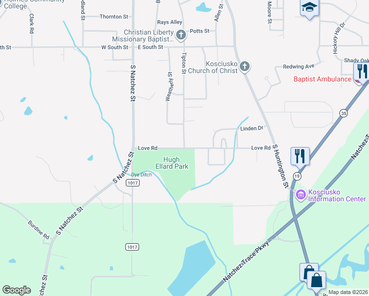 map of restaurants, bars, coffee shops, grocery stores, and more near 200 Love Road in Kosciusko