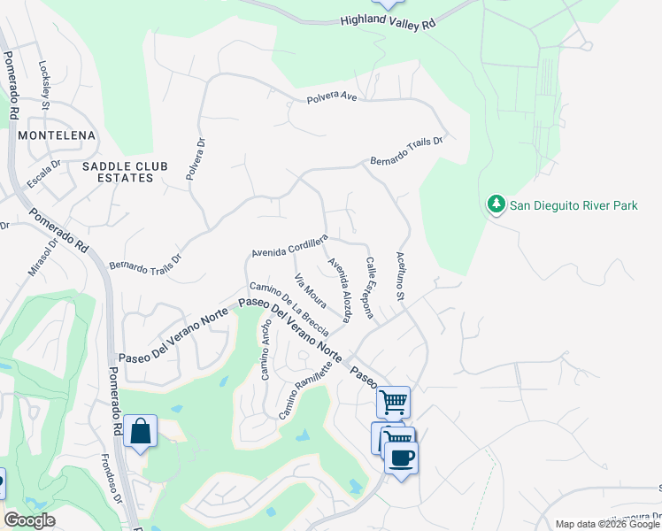 map of restaurants, bars, coffee shops, grocery stores, and more near 18035 Avenida Alozdra in San Diego