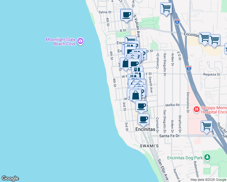 map of restaurants, bars, coffee shops, grocery stores, and more near 754 4th Street in Encinitas