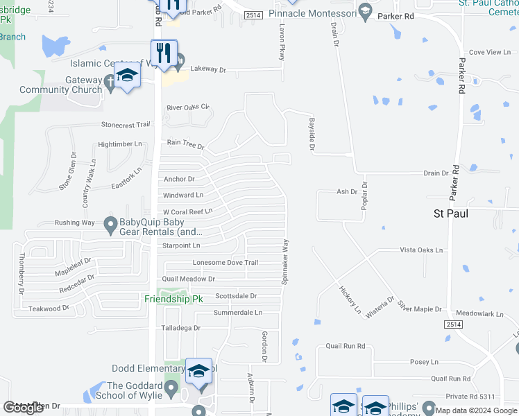 map of restaurants, bars, coffee shops, grocery stores, and more near 1300 Leeward Lane in Wylie