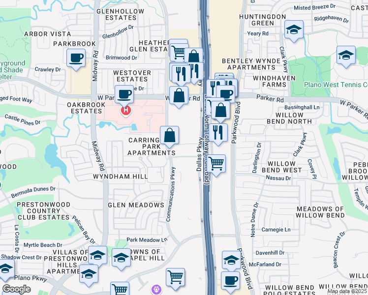 map of restaurants, bars, coffee shops, grocery stores, and more near 3001 Dallas Parkway in Plano