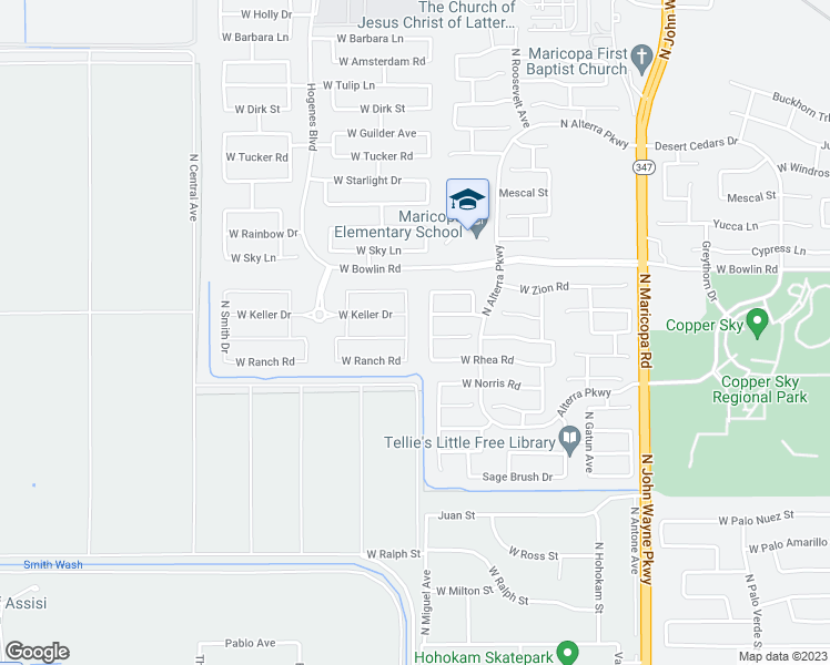 map of restaurants, bars, coffee shops, grocery stores, and more near 17795 Madison Road in Maricopa