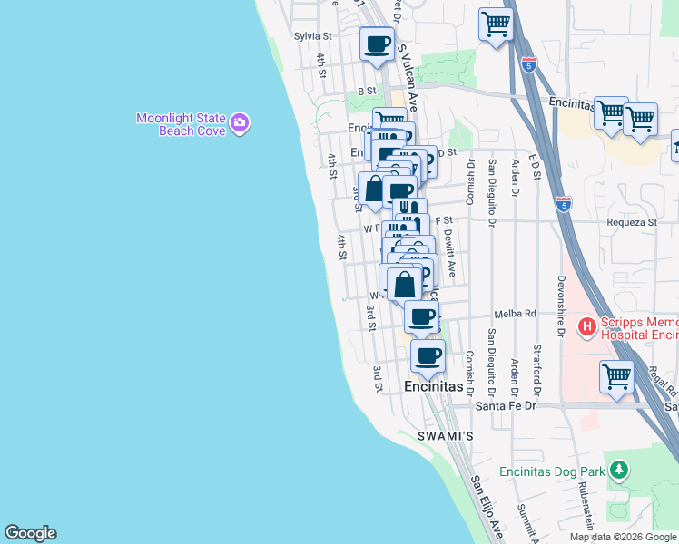map of restaurants, bars, coffee shops, grocery stores, and more near 806 4th Street in Encinitas