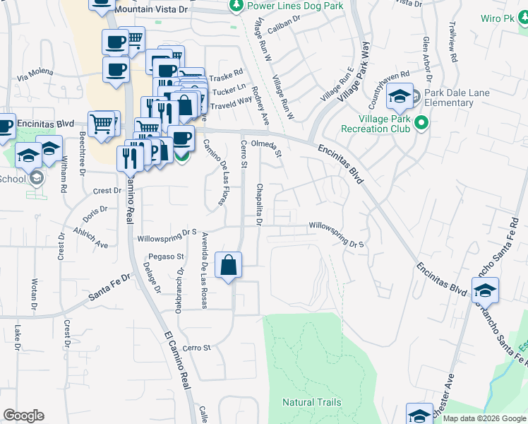 map of restaurants, bars, coffee shops, grocery stores, and more near 280 Chapalita Drive in Encinitas