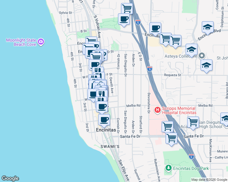 map of restaurants, bars, coffee shops, grocery stores, and more near 835 Dewitt Avenue in Encinitas