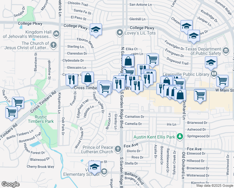 map of restaurants, bars, coffee shops, grocery stores, and more near 601 Cross Timbers Road in Flower Mound