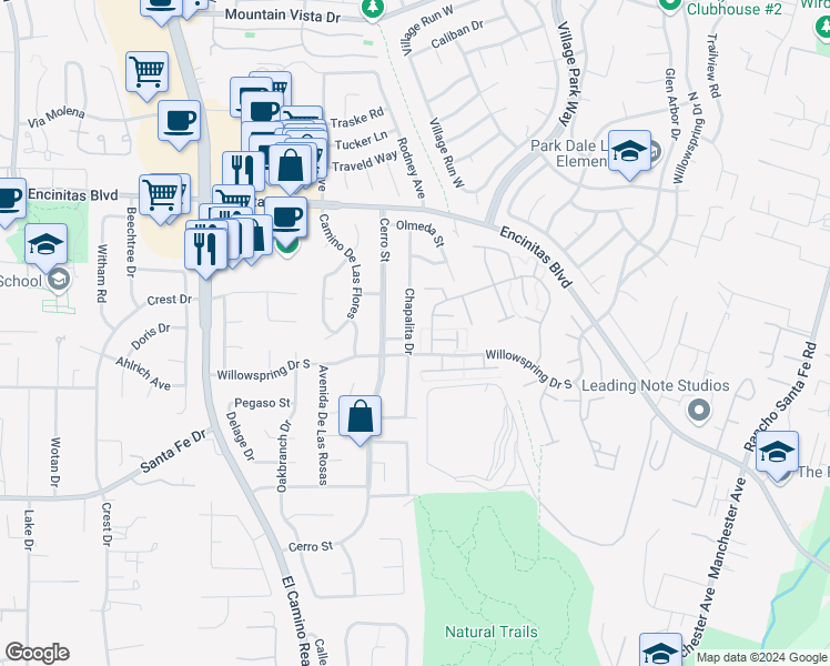 map of restaurants, bars, coffee shops, grocery stores, and more near 293 Chapalita Drive in Encinitas
