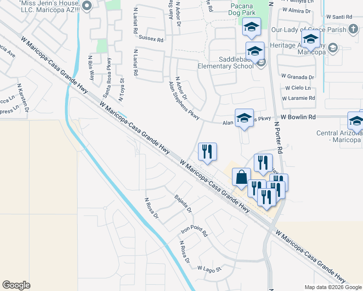 map of restaurants, bars, coffee shops, grocery stores, and more near Stonegate Road in Maricopa