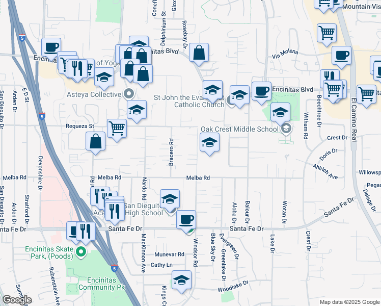 map of restaurants, bars, coffee shops, grocery stores, and more near 754b Bonita Drive in Encinitas