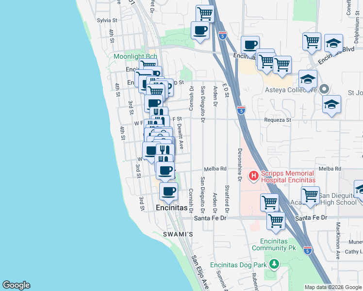 map of restaurants, bars, coffee shops, grocery stores, and more near 811 Dewitt Avenue in Encinitas