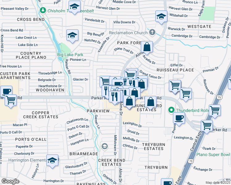 map of restaurants, bars, coffee shops, grocery stores, and more near 1151 W Parker Rd in Plano