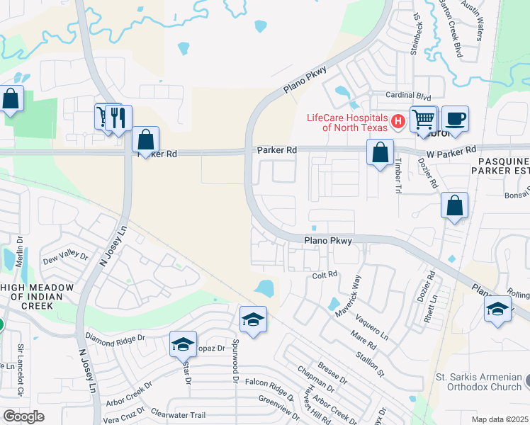 map of restaurants, bars, coffee shops, grocery stores, and more near 2112 Spencer Lane in Carrollton