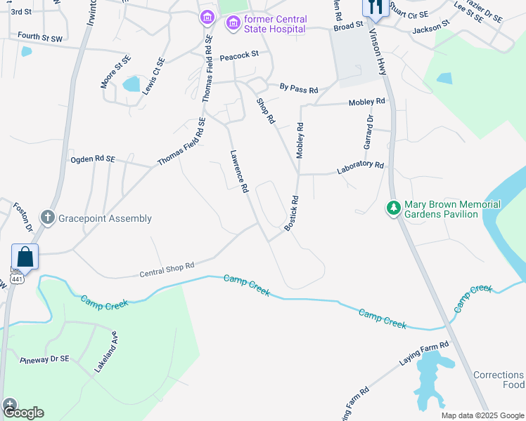 map of restaurants, bars, coffee shops, grocery stores, and more near Bostick Circle in Milledgeville