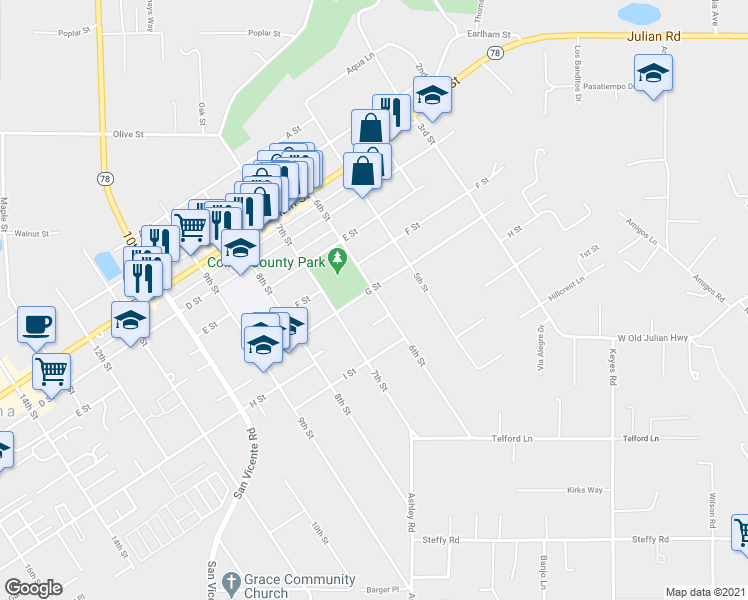 map of restaurants, bars, coffee shops, grocery stores, and more near 610 G Street in Ramona