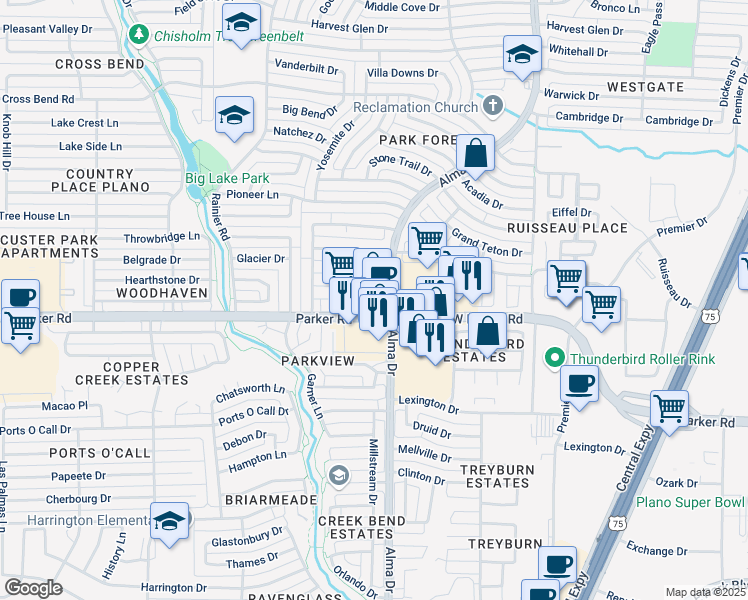 map of restaurants, bars, coffee shops, grocery stores, and more near 1151 West Parker Road in Plano