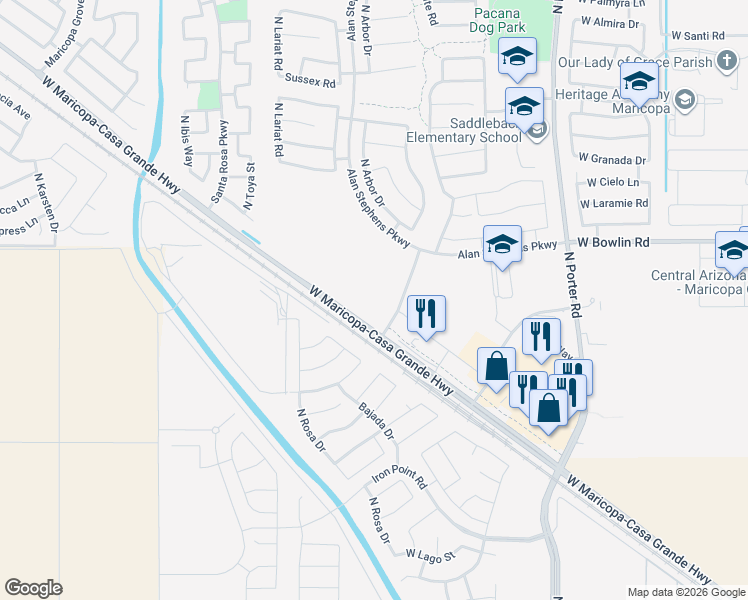 map of restaurants, bars, coffee shops, grocery stores, and more near 42584 West Maricopa-Casa Grande Highway in Maricopa