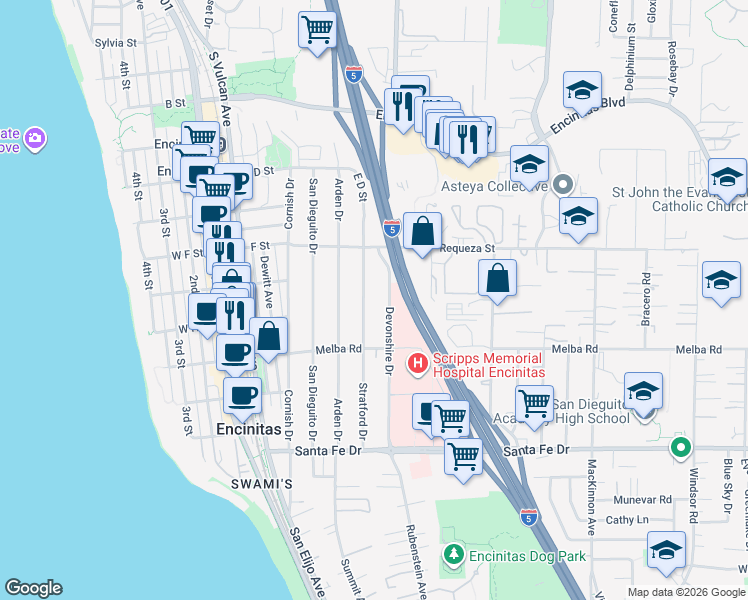 map of restaurants, bars, coffee shops, grocery stores, and more near 837 Stratford Drive in Encinitas
